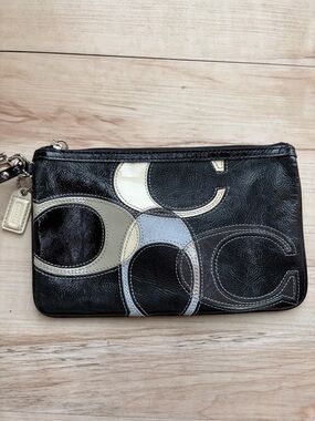 Coach Black Leather Wristlet with Cream and Gray Signature Patchwork